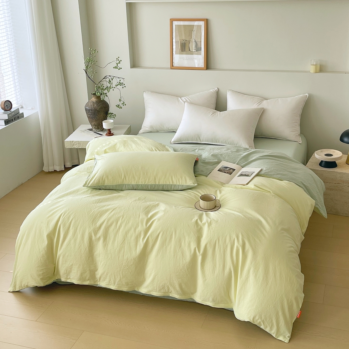 91家纺网 家纺一手货源 找家纺 春皖家纺 2026春夏新款双拼全棉水洗棉单被套被套单件单品被套 浅黄-薄荷绿