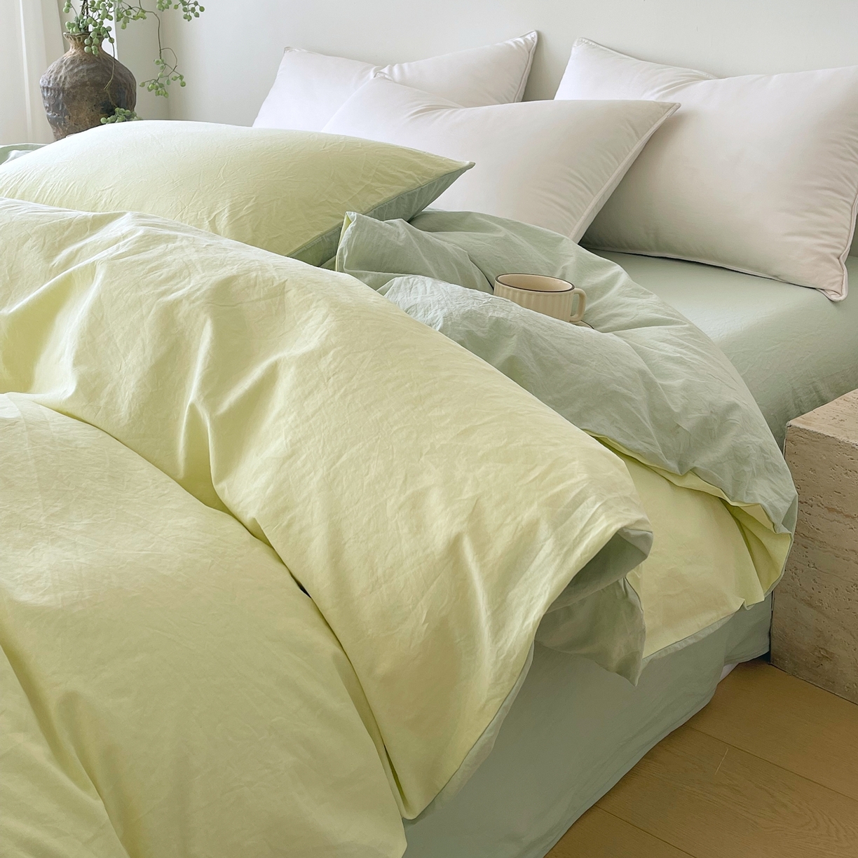 91家纺网 家纺一手货源 找家纺 春皖家纺 2026春夏新款双拼全棉水洗棉单被套被套单件单品被套 浅黄-薄荷绿