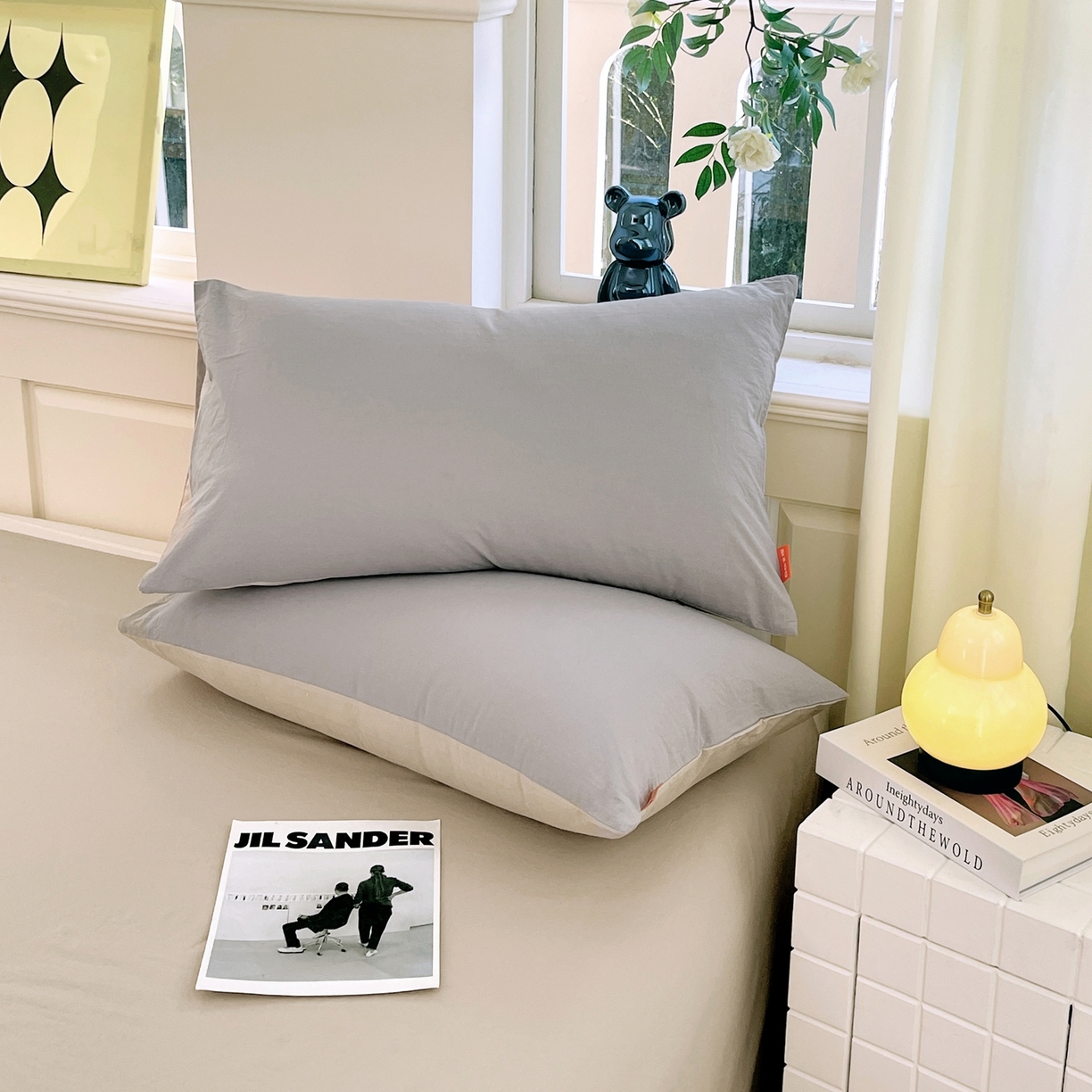 春皖家纺 2026春夏新款双拼全棉水洗棉单枕套枕套单件单品枕套 浅灰-卡其