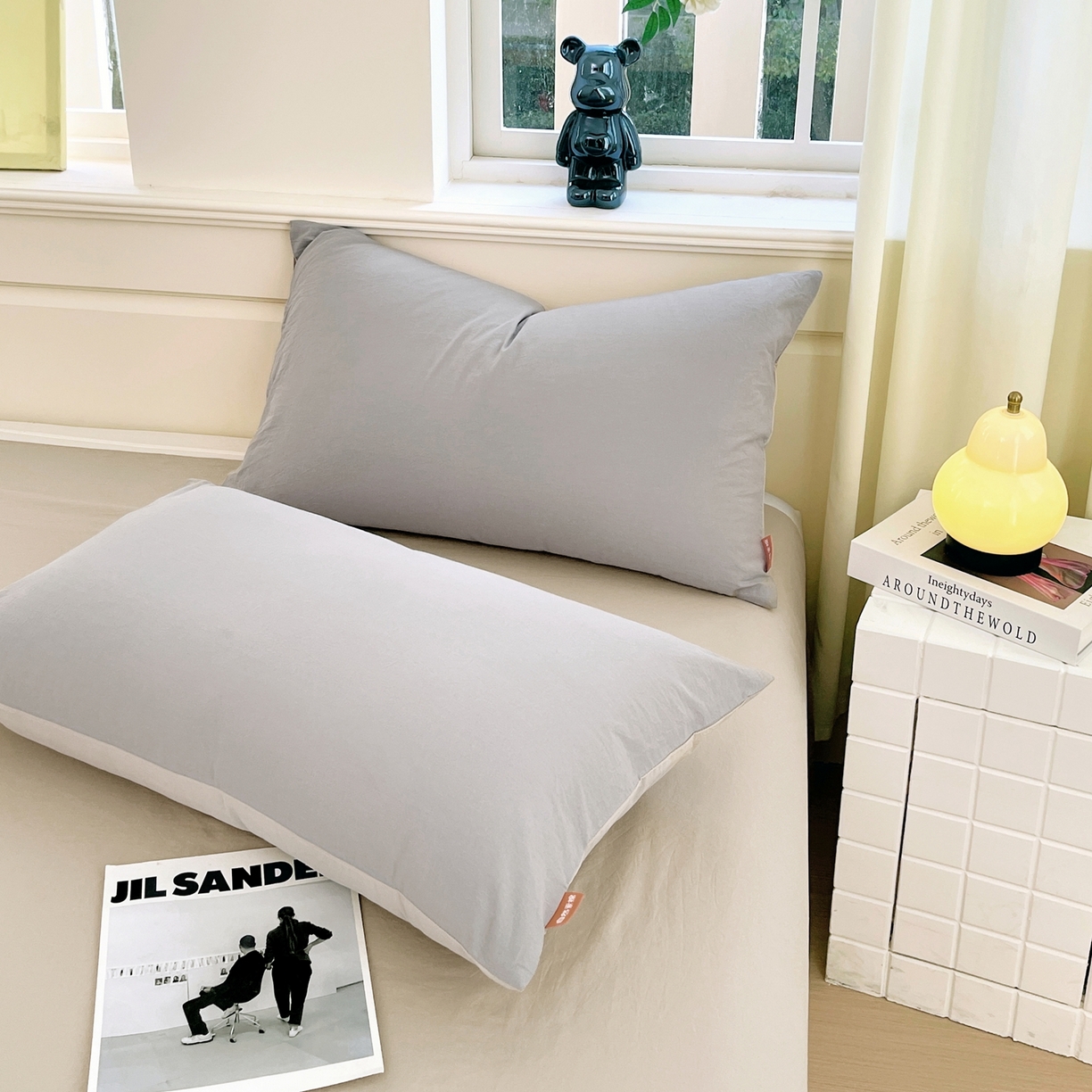 91家纺网 家纺一手货源 找家纺 春皖家纺 2026春夏新款双拼全棉水洗棉单枕套枕套单件单品枕套 浅灰-卡其