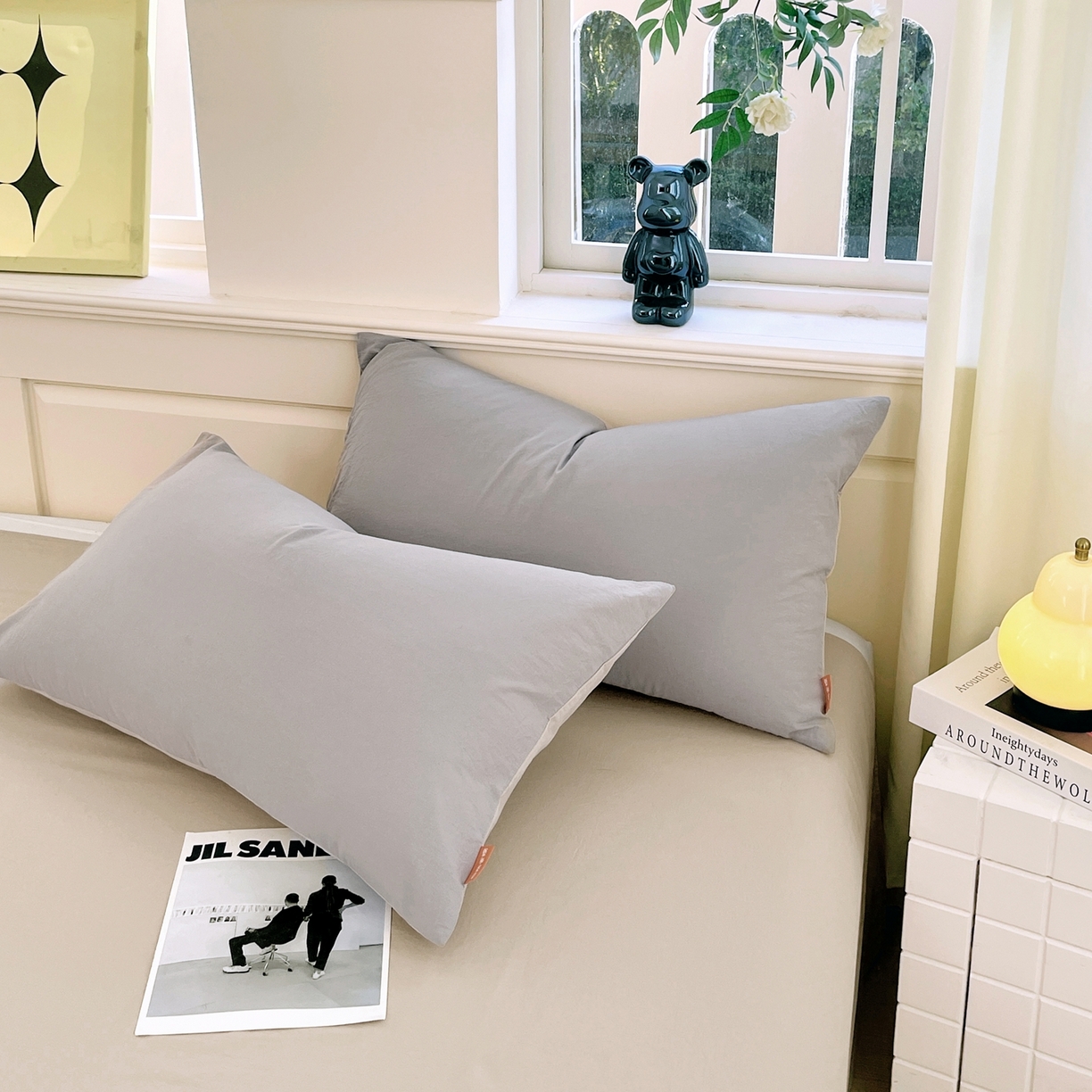 91家纺网 家纺一手货源 找家纺 春皖家纺 2026春夏新款双拼全棉水洗棉单枕套枕套单件单品枕套 浅灰-卡其