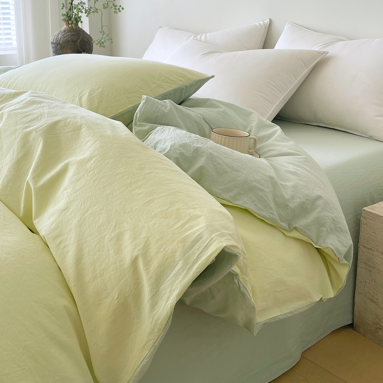 91家纺网 家纺一手货源 找家纺 春皖家纺 2026春夏新款双拼全棉水洗棉单被套被套单件单品被套 浅黄-薄荷绿