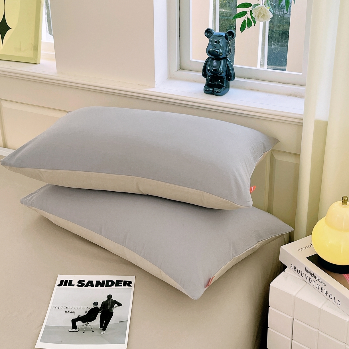 91家纺网 家纺一手货源 找家纺 春皖家纺 2026春夏新款双拼全棉水洗棉单枕套枕套单件单品枕套 浅灰-卡其