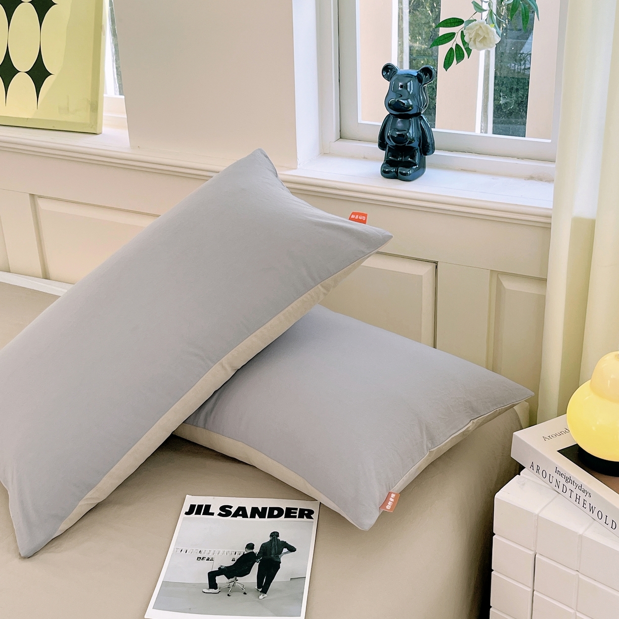 91家纺网 家纺一手货源 找家纺 春皖家纺 2026春夏新款双拼全棉水洗棉单枕套枕套单件单品枕套 浅灰-卡其