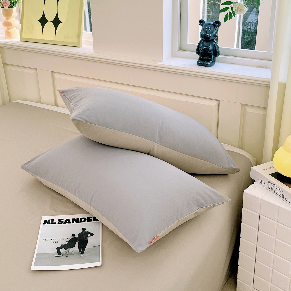 91家纺网 家纺一手货源 找家纺 春皖家纺 2026春夏新款双拼全棉水洗棉单枕套枕套单件单品枕套 浅灰-卡其