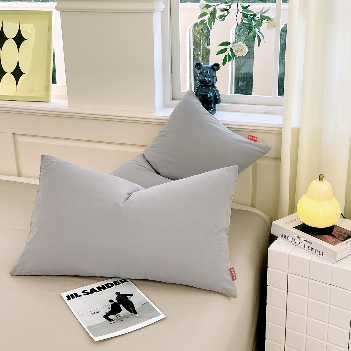 91家纺网 家纺一手货源 找家纺 春皖家纺 2026春夏新款双拼全棉水洗棉单枕套枕套单件单品枕套 浅灰-卡其