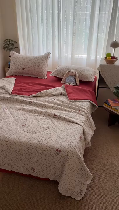 91家纺网 家纺一手货源 找家纺 欧尚 2026新款蕾丝花边夏被款四件套 莓系花伐