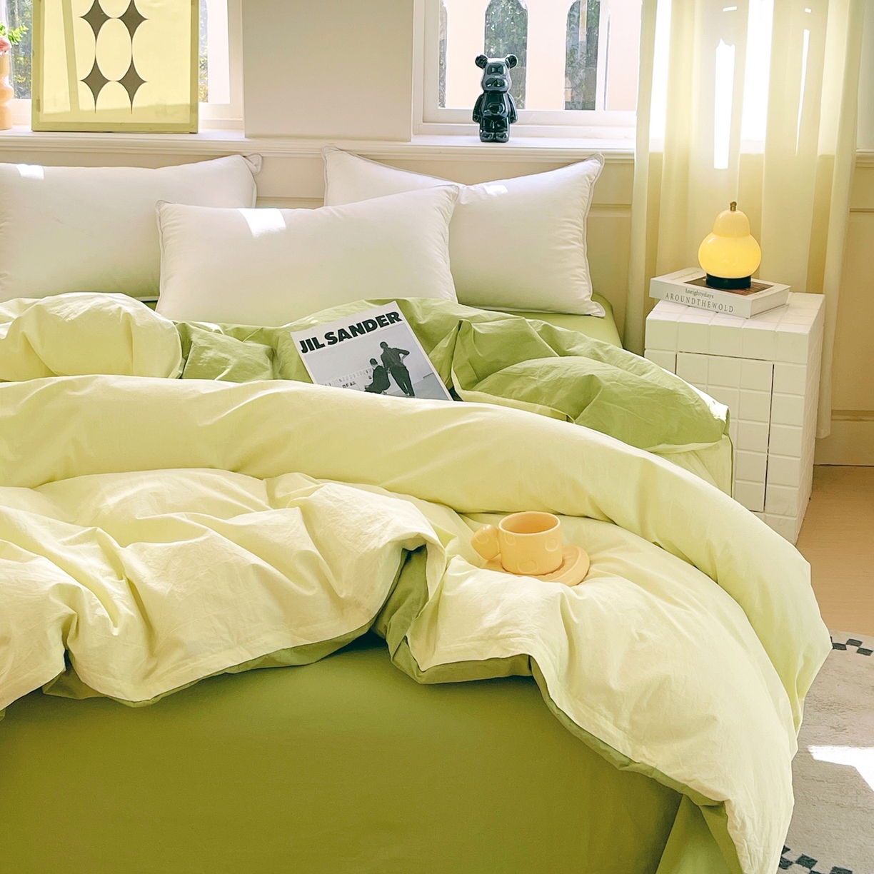 91家纺网 家纺一手货源 找家纺 春皖家纺 2026春夏新款双拼全棉水洗棉单被套被套单件单品被套 浅黄果绿