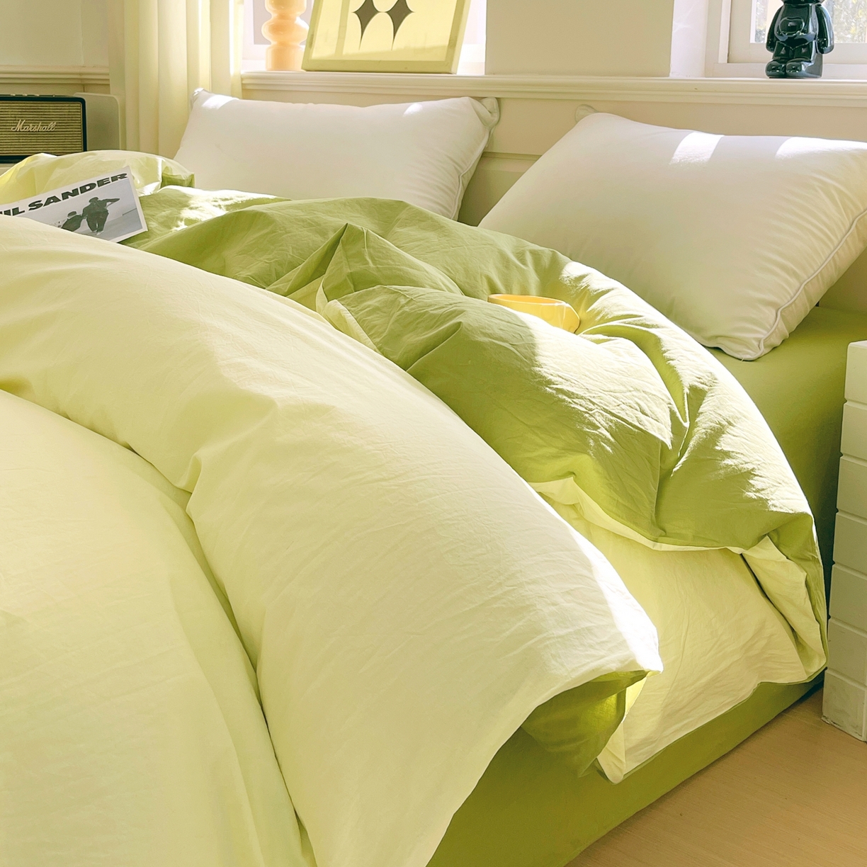 91家纺网 家纺一手货源 找家纺 春皖家纺 2026春夏新款双拼全棉水洗棉单被套被套单件单品被套 浅黄果绿