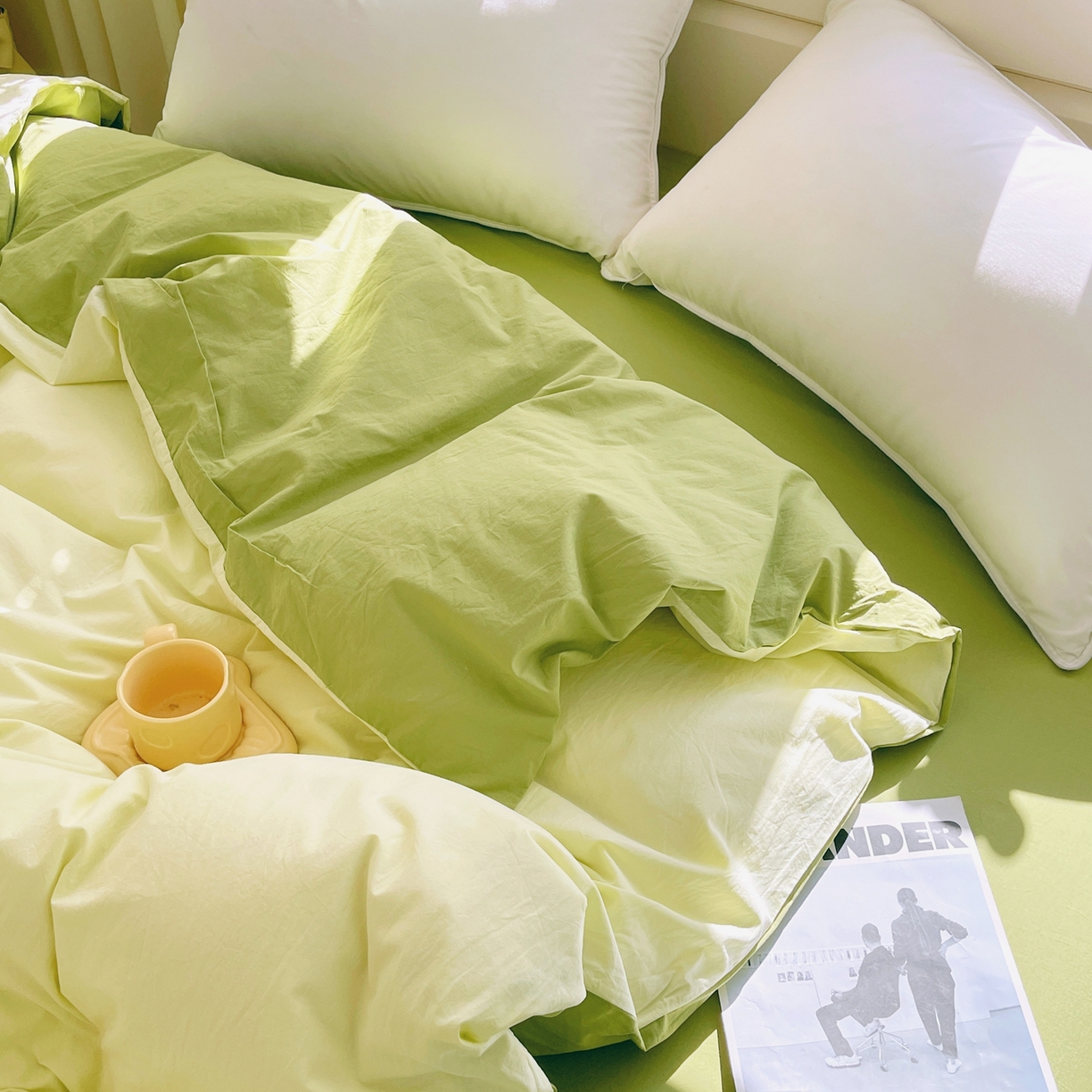 91家纺网 家纺一手货源 找家纺 春皖家纺 2026春夏新款双拼全棉水洗棉单被套被套单件单品被套 浅黄果绿