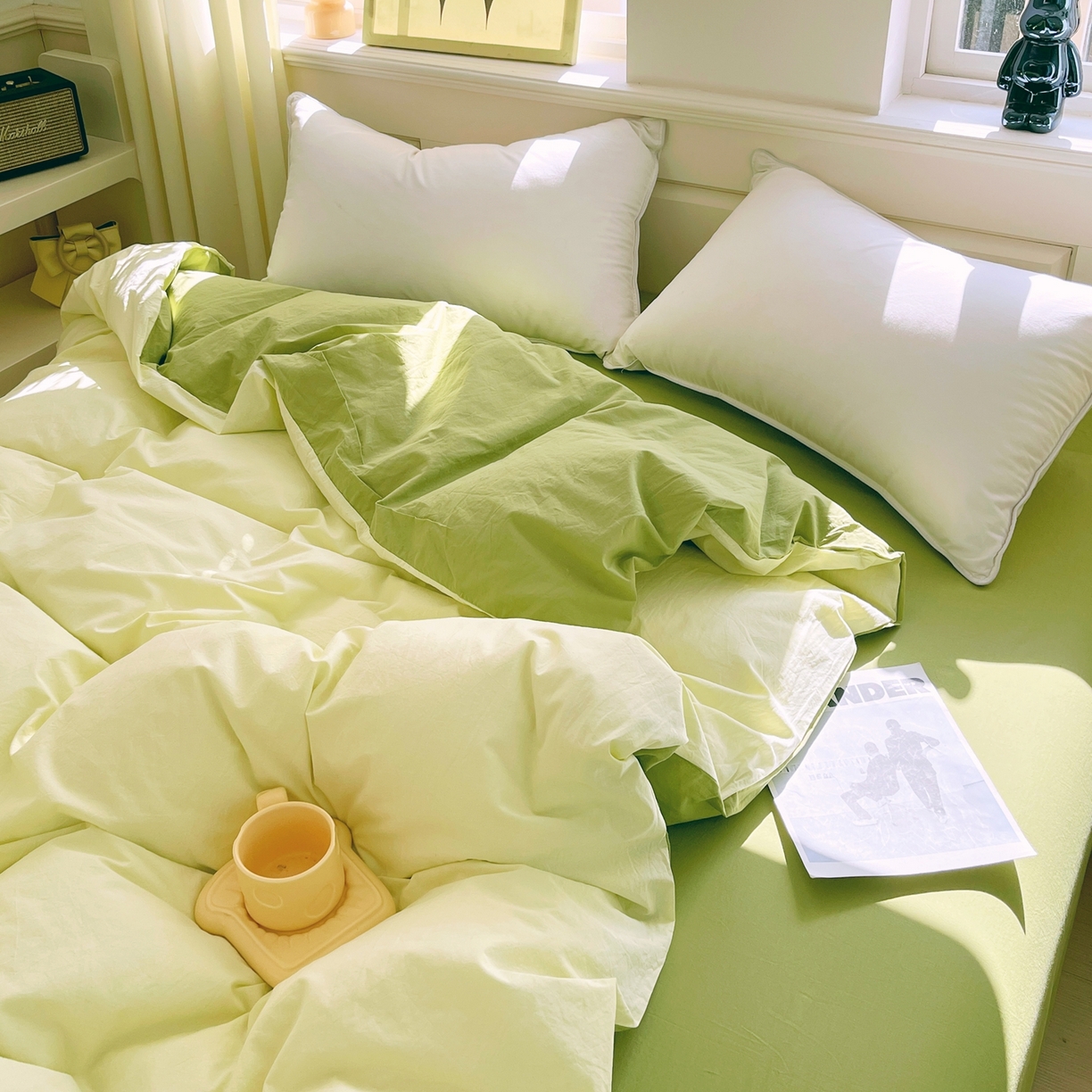 91家纺网 家纺一手货源 找家纺 春皖家纺 2026春夏新款双拼全棉水洗棉单被套被套单件单品被套 浅黄果绿
