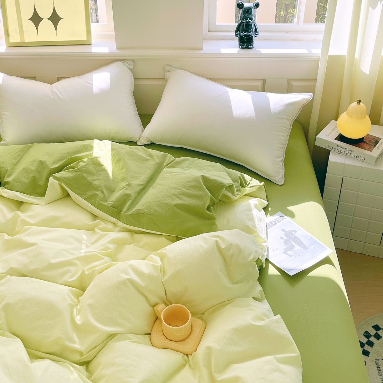 91家纺网 家纺一手货源 找家纺 春皖家纺 2026春夏新款双拼全棉水洗棉单被套被套单件单品被套 浅黄果绿