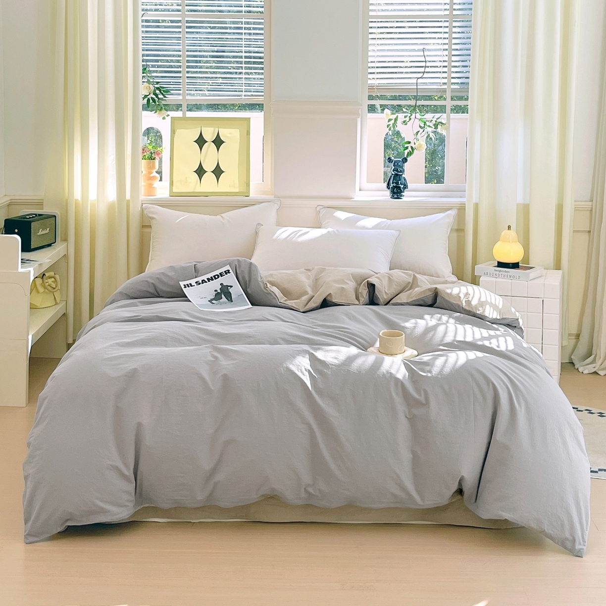 春皖家纺 2026春夏新款双拼全棉水洗棉单被套被套单件单品被套 浅灰-卡其