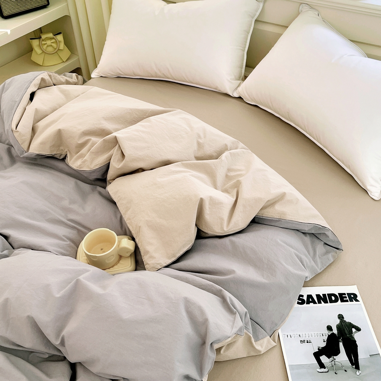 91家纺网 家纺一手货源 找家纺 春皖家纺 2026春夏新款双拼全棉水洗棉单被套被套单件单品被套 浅灰-卡其