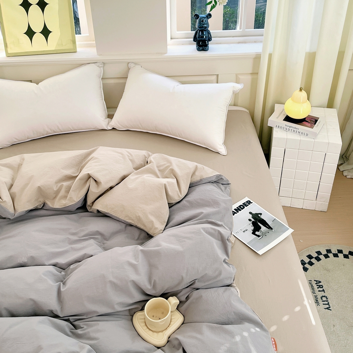 91家纺网 家纺一手货源 找家纺 春皖家纺 2026春夏新款双拼全棉水洗棉单被套被套单件单品被套 浅灰-卡其