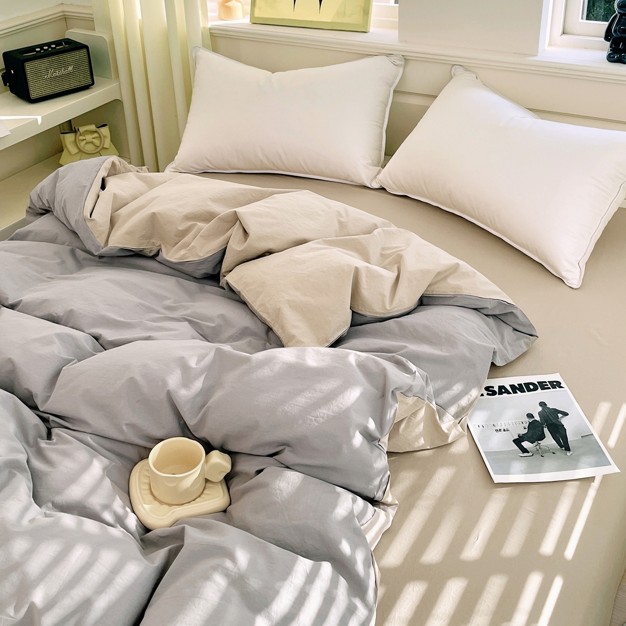 91家纺网 家纺一手货源 找家纺 春皖家纺 2026春夏新款双拼全棉水洗棉单被套被套单件单品被套 浅灰-卡其