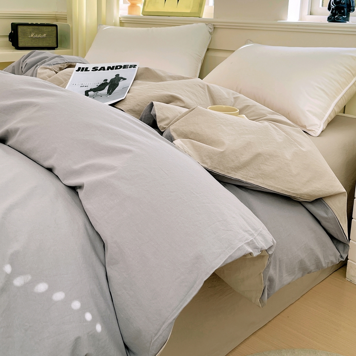 91家纺网 家纺一手货源 找家纺 春皖家纺 2026春夏新款双拼全棉水洗棉单被套被套单件单品被套 浅灰-卡其