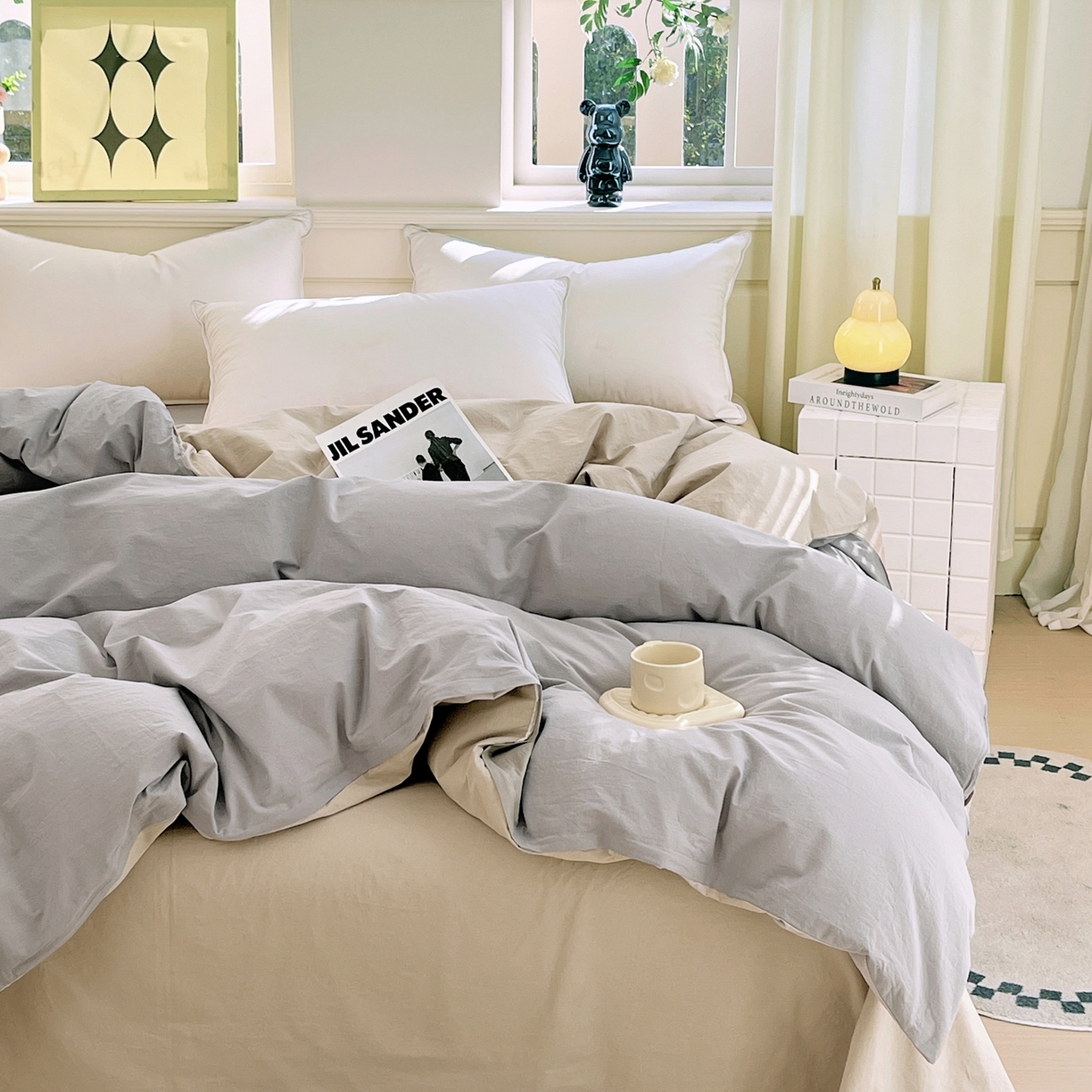 91家纺网 家纺一手货源 找家纺 春皖家纺 2026春夏新款双拼全棉水洗棉单被套被套单件单品被套 浅灰-卡其