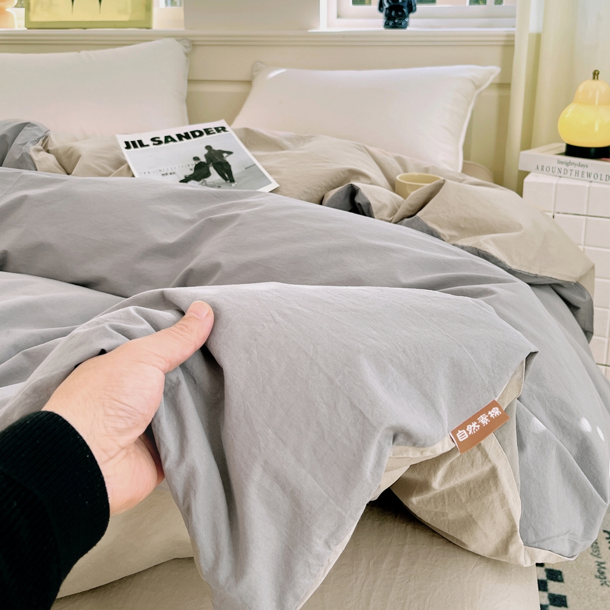 91家纺网 家纺一手货源 找家纺 春皖家纺 2026春夏新款双拼全棉水洗棉单被套被套单件单品被套 浅灰-卡其