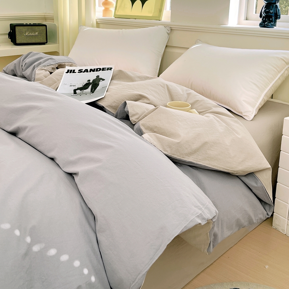 91家纺网 家纺一手货源 找家纺 春皖家纺 2026春夏新款双拼全棉水洗棉单被套被套单件单品被套 浅灰-卡其