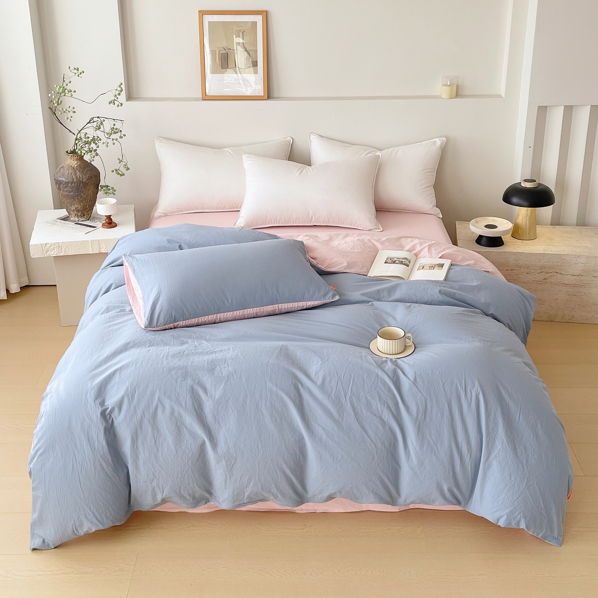 春皖家纺 2026春夏新款双拼全棉水洗棉单被套被套单件单品被套 浅蓝-樱花粉