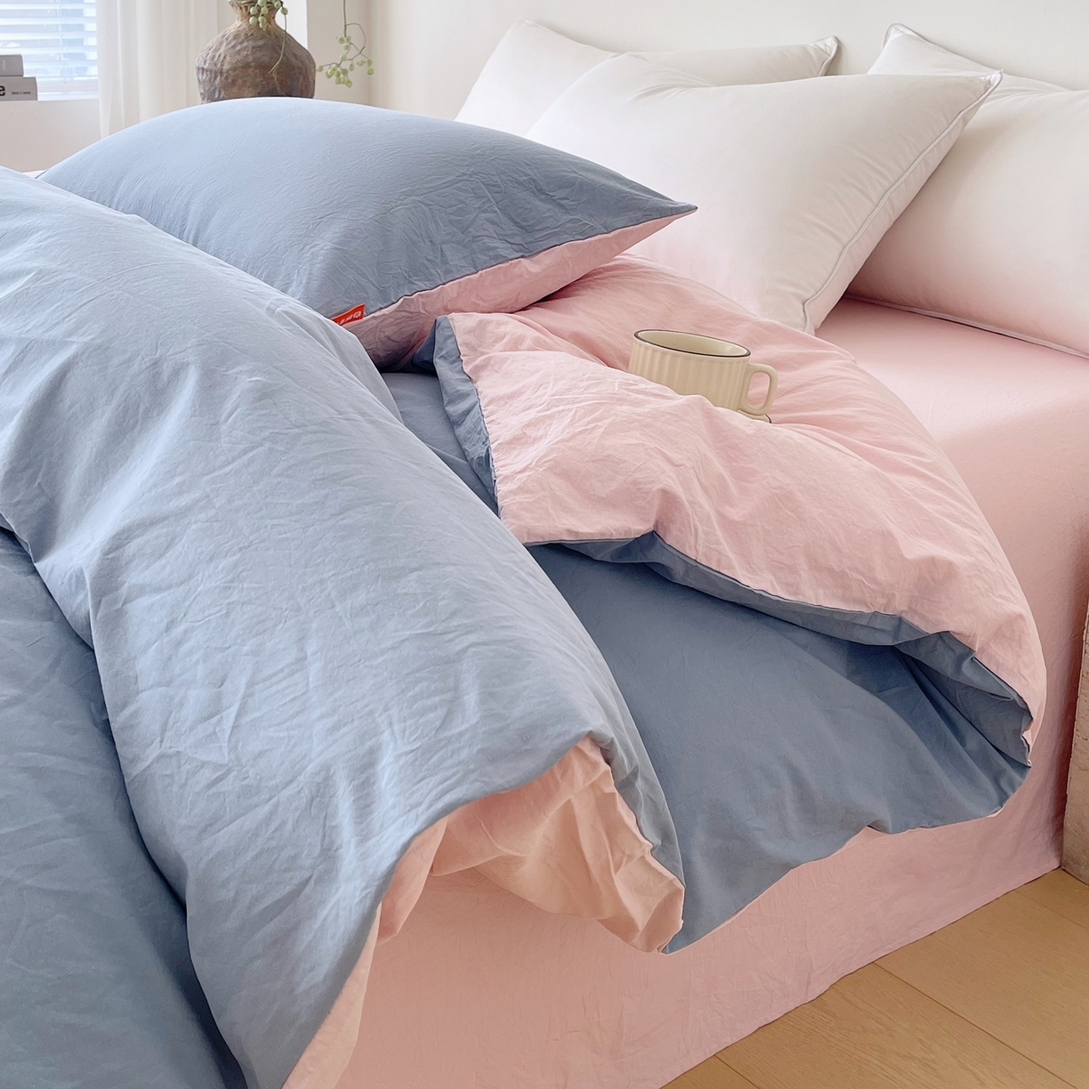 91家纺网 家纺一手货源 找家纺 春皖家纺 2026春夏新款双拼全棉水洗棉单被套被套单件单品被套 浅蓝-樱花粉