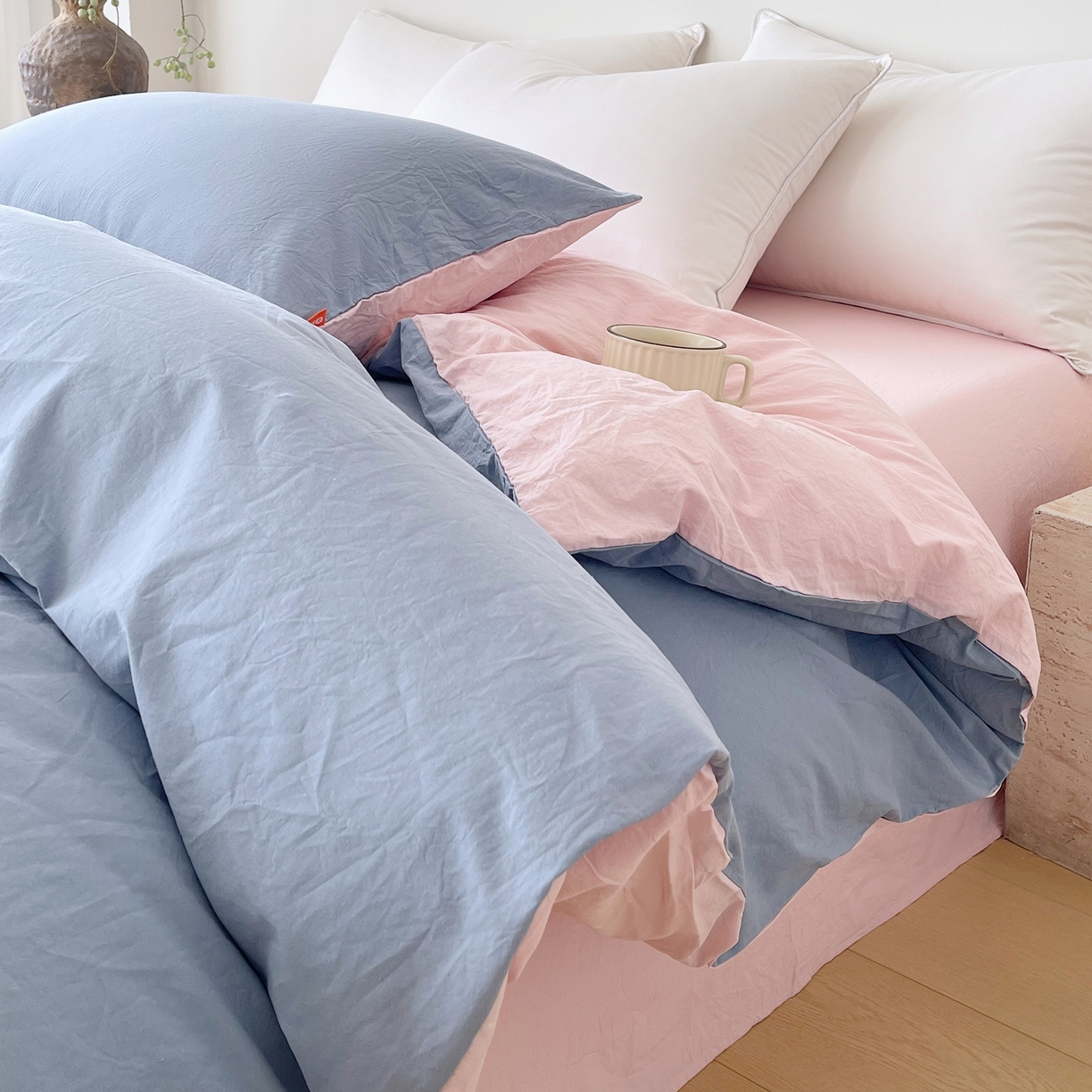 91家纺网 家纺一手货源 找家纺 春皖家纺 2026春夏新款双拼全棉水洗棉单被套被套单件单品被套 浅蓝-樱花粉