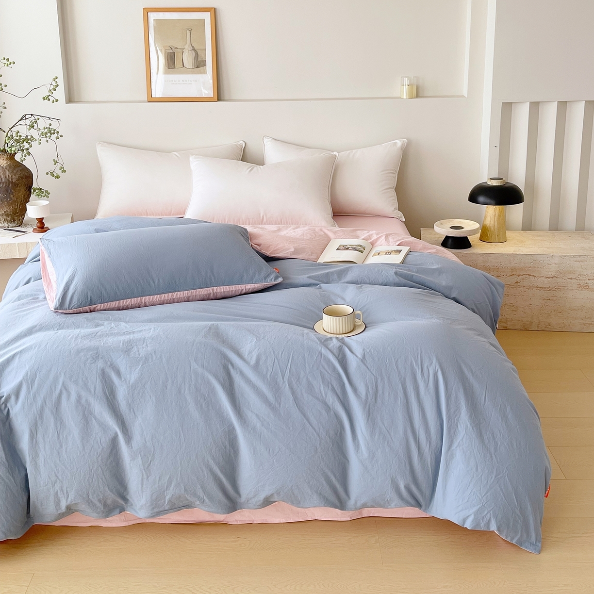 91家纺网 家纺一手货源 找家纺 春皖家纺 2026春夏新款双拼全棉水洗棉单被套被套单件单品被套 浅蓝-樱花粉