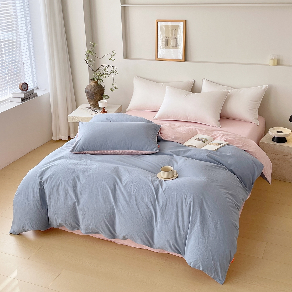 91家纺网 家纺一手货源 找家纺 春皖家纺 2026春夏新款双拼全棉水洗棉单被套被套单件单品被套 浅蓝-樱花粉