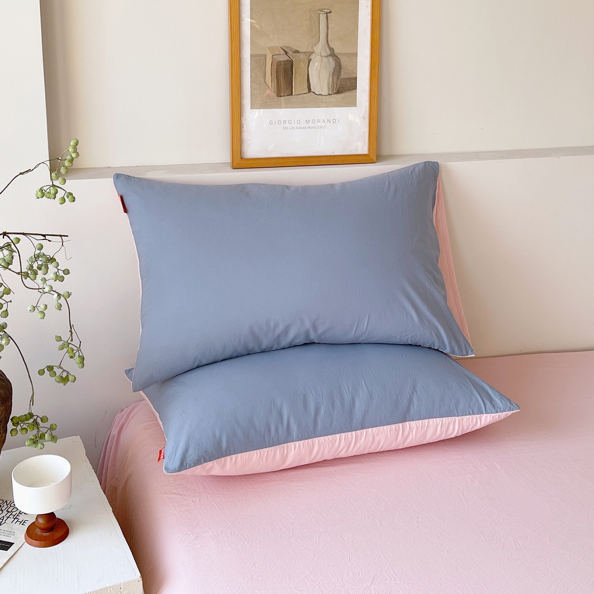 91家纺网 家纺一手货源 找家纺 春皖家纺 2026春夏新款双拼全棉水洗棉单枕套枕套单件单品枕套 浅蓝-樱花粉