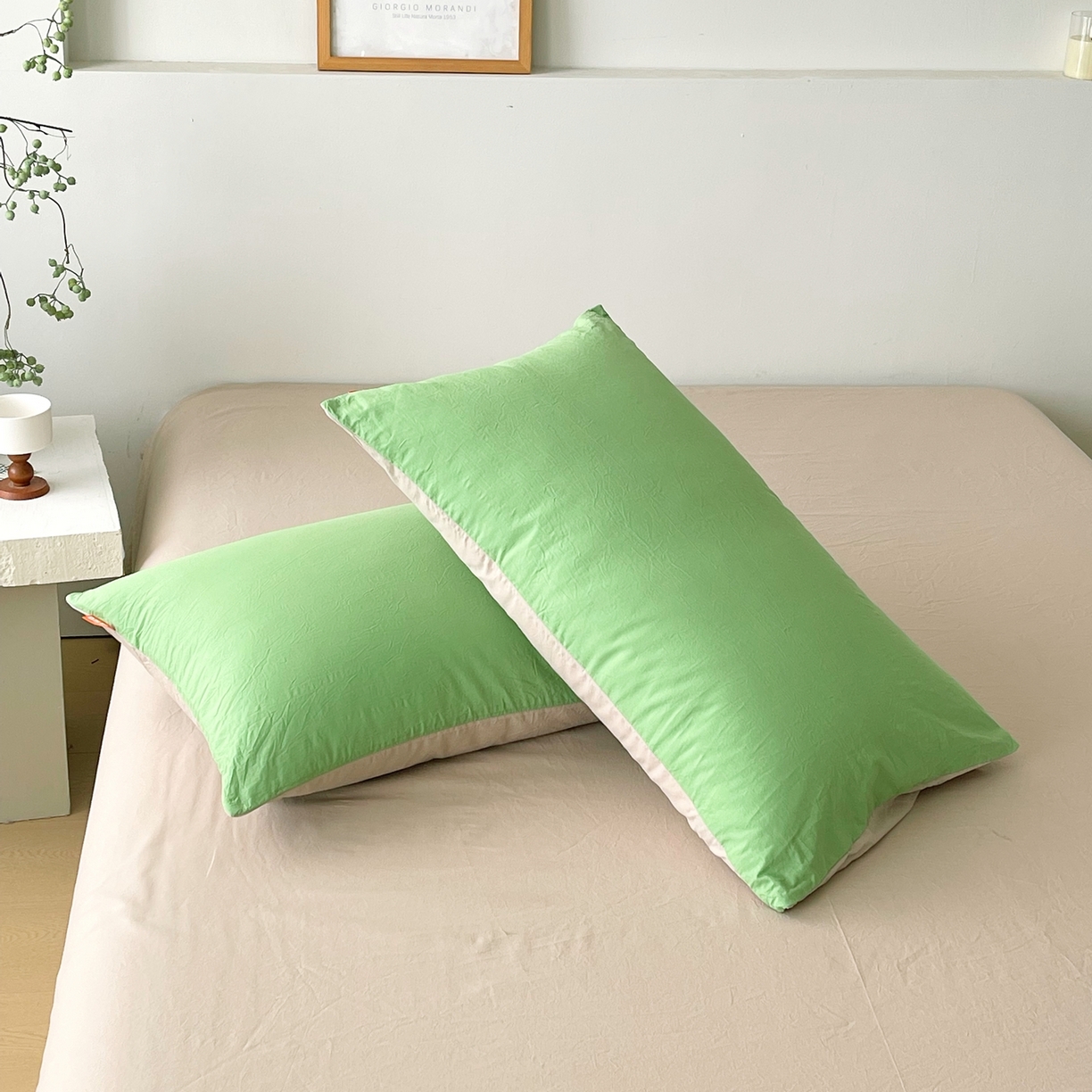 91家纺网 家纺一手货源 找家纺 春皖家纺 2026春夏新款双拼全棉水洗棉单枕套枕套单件单品枕套 青草绿-卡其