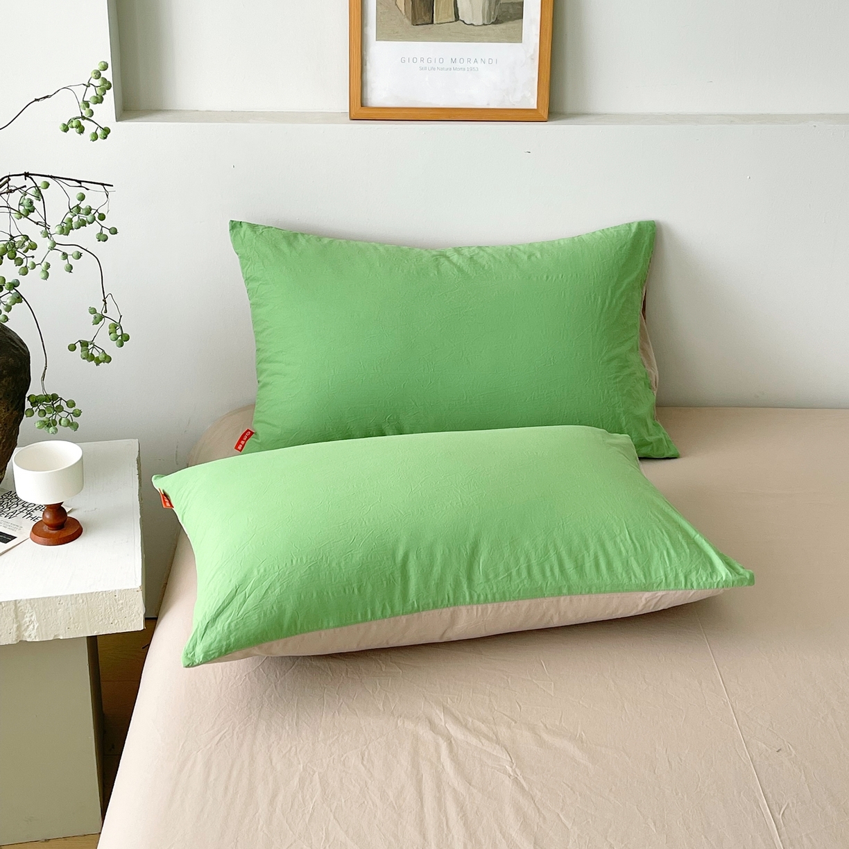 91家纺网 家纺一手货源 找家纺 春皖家纺 2026春夏新款双拼全棉水洗棉单枕套枕套单件单品枕套 青草绿-卡其