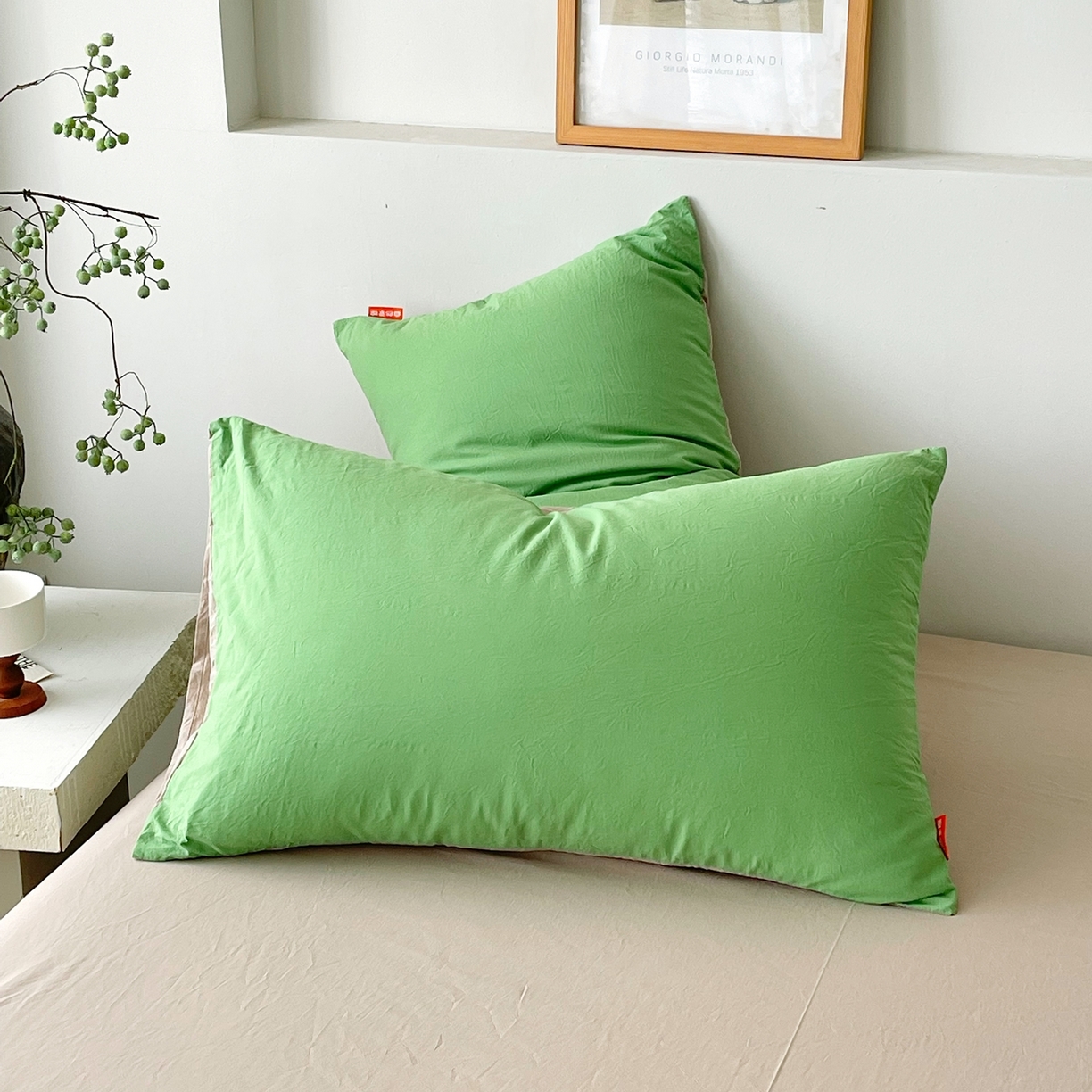 91家纺网 家纺一手货源 找家纺 春皖家纺 2026春夏新款双拼全棉水洗棉单枕套枕套单件单品枕套 青草绿-卡其