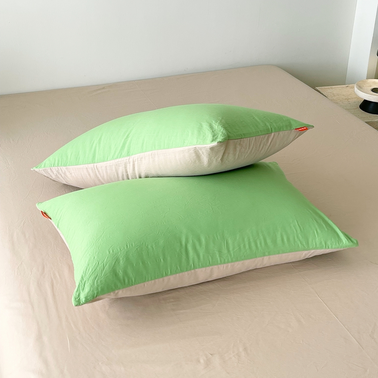 91家纺网 家纺一手货源 找家纺 春皖家纺 2026春夏新款双拼全棉水洗棉单枕套枕套单件单品枕套 青草绿-卡其