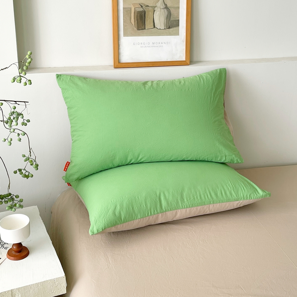 91家纺网 家纺一手货源 找家纺 春皖家纺 2026春夏新款双拼全棉水洗棉单枕套枕套单件单品枕套 青草绿-卡其