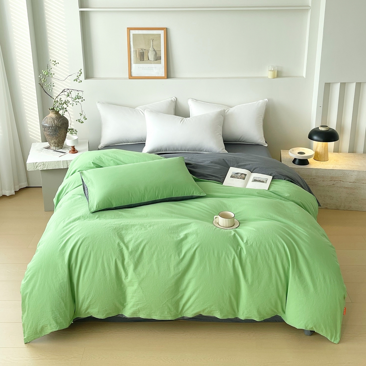 春皖家纺 2026春夏新款双拼全棉水洗棉单被套被套单件单品被套 青草绿-墨灰