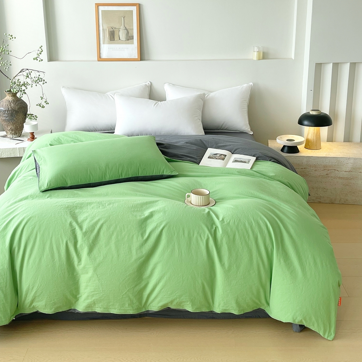 91家纺网 家纺一手货源 找家纺 春皖家纺 2026春夏新款双拼全棉水洗棉单被套被套单件单品被套 青草绿-墨灰