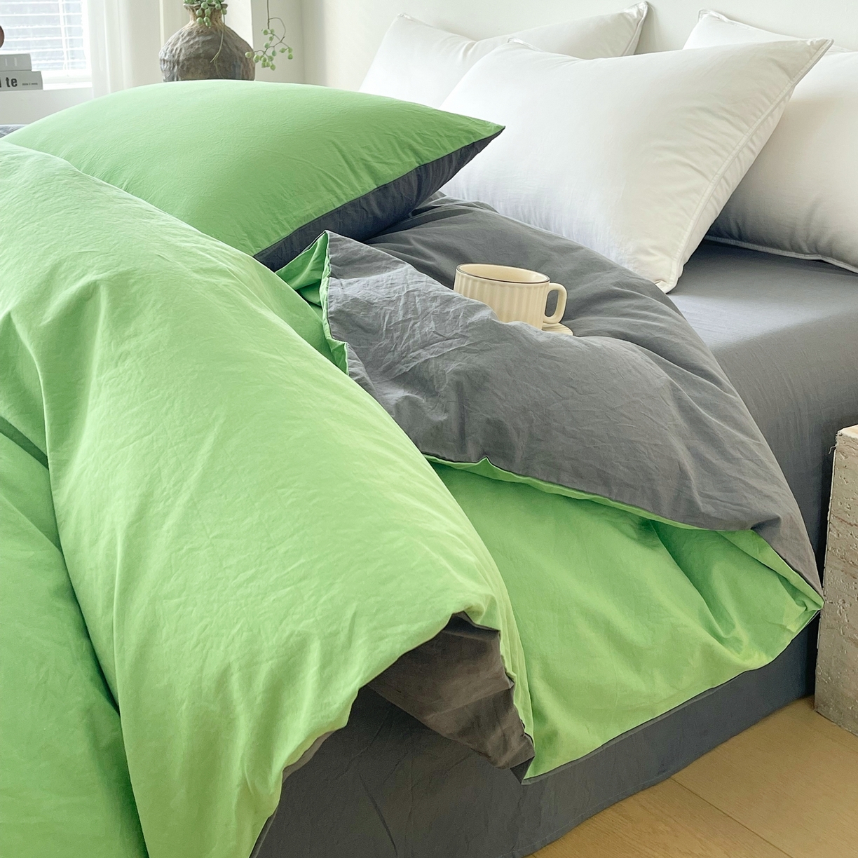 91家纺网 家纺一手货源 找家纺 春皖家纺 2026春夏新款双拼全棉水洗棉单被套被套单件单品被套 青草绿-墨灰