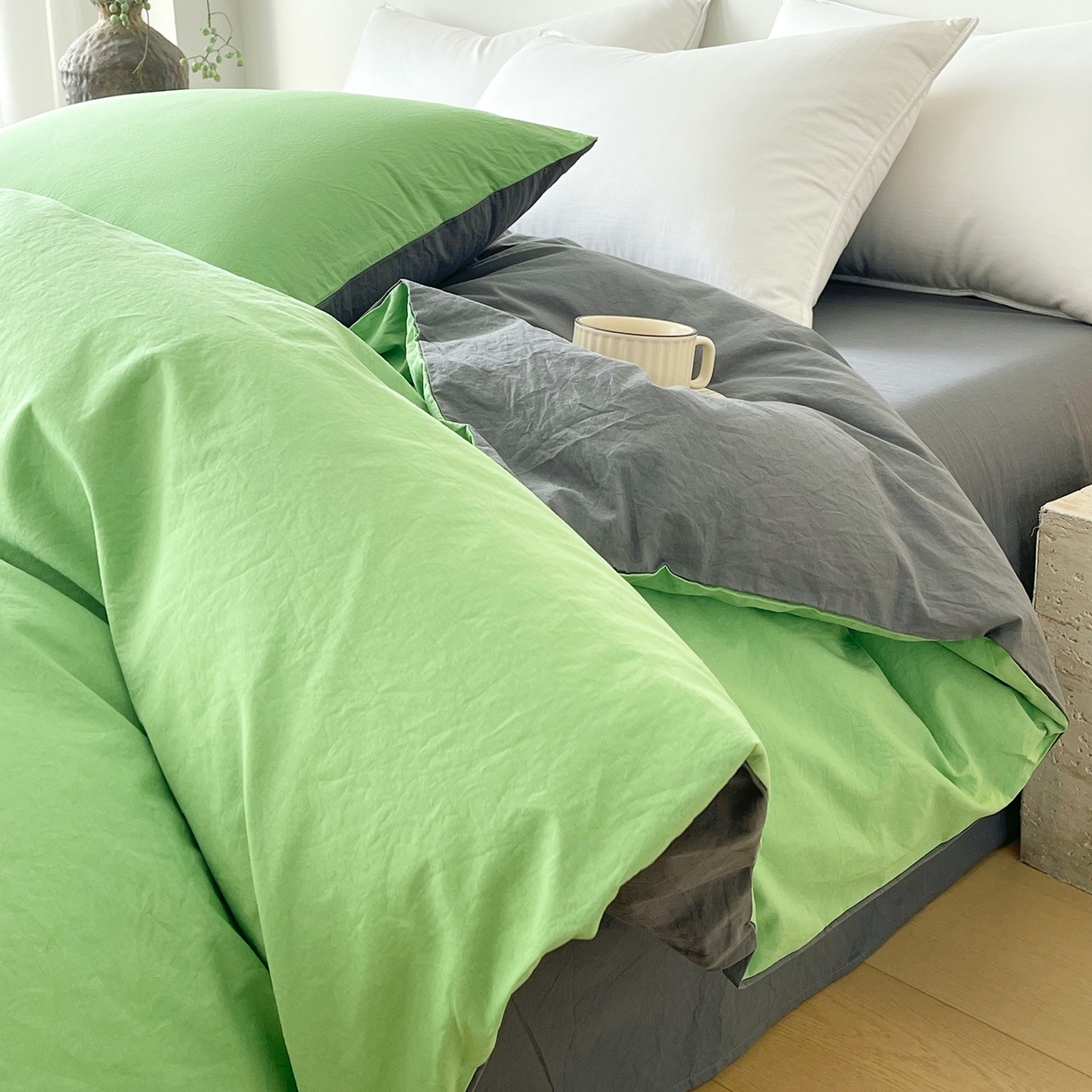 91家纺网 家纺一手货源 找家纺 春皖家纺 2026春夏新款双拼全棉水洗棉单被套被套单件单品被套 青草绿-墨灰