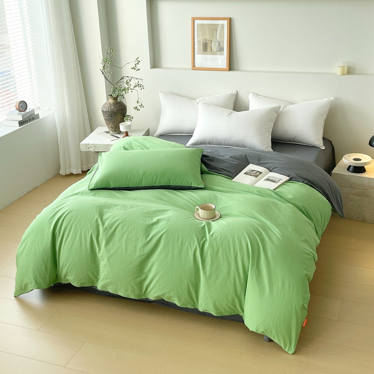 91家纺网 家纺一手货源 找家纺 春皖家纺 2026春夏新款双拼全棉水洗棉单被套被套单件单品被套 青草绿-墨灰