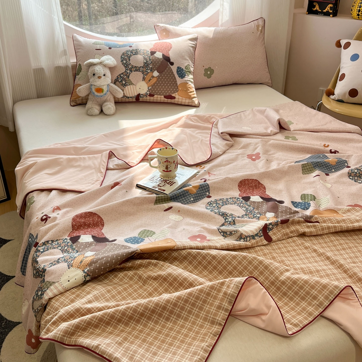 91家纺网 家纺一手货源 找家纺 羚羊语家纺 2026新款全棉印花仿锦氨凉感丝夏被100纯棉空调被卡通两用多功能被子被芯小冰皮冰淇淋夏凉被 苏西的兔子