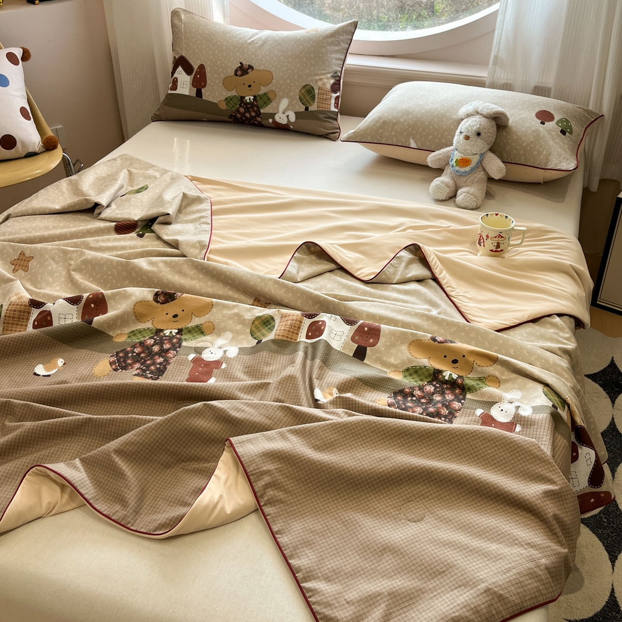 91家纺网 家纺一手货源 找家纺 羚羊语家纺 2026新款全棉印花仿锦氨凉感丝夏被100纯棉空调被卡通两用多功能被子被芯小冰皮冰淇淋夏凉被 艾尔的伙伴