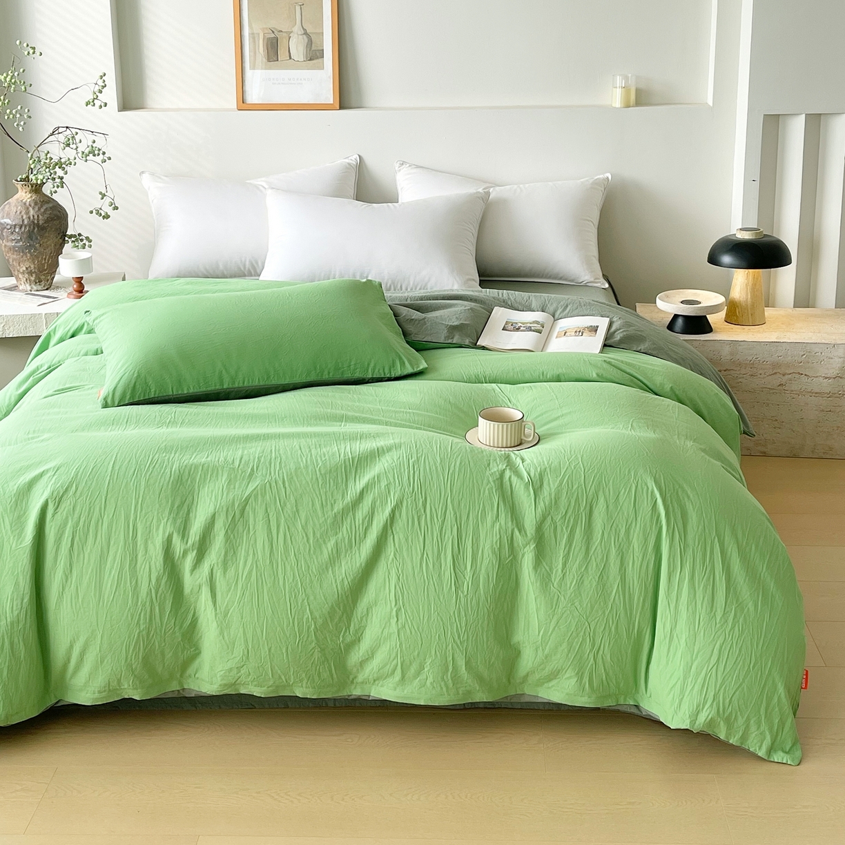 91家纺网 家纺一手货源 找家纺 春皖家纺 2026春夏新款双拼全棉水洗棉单被套被套单件单品被套 青草绿-墨绿