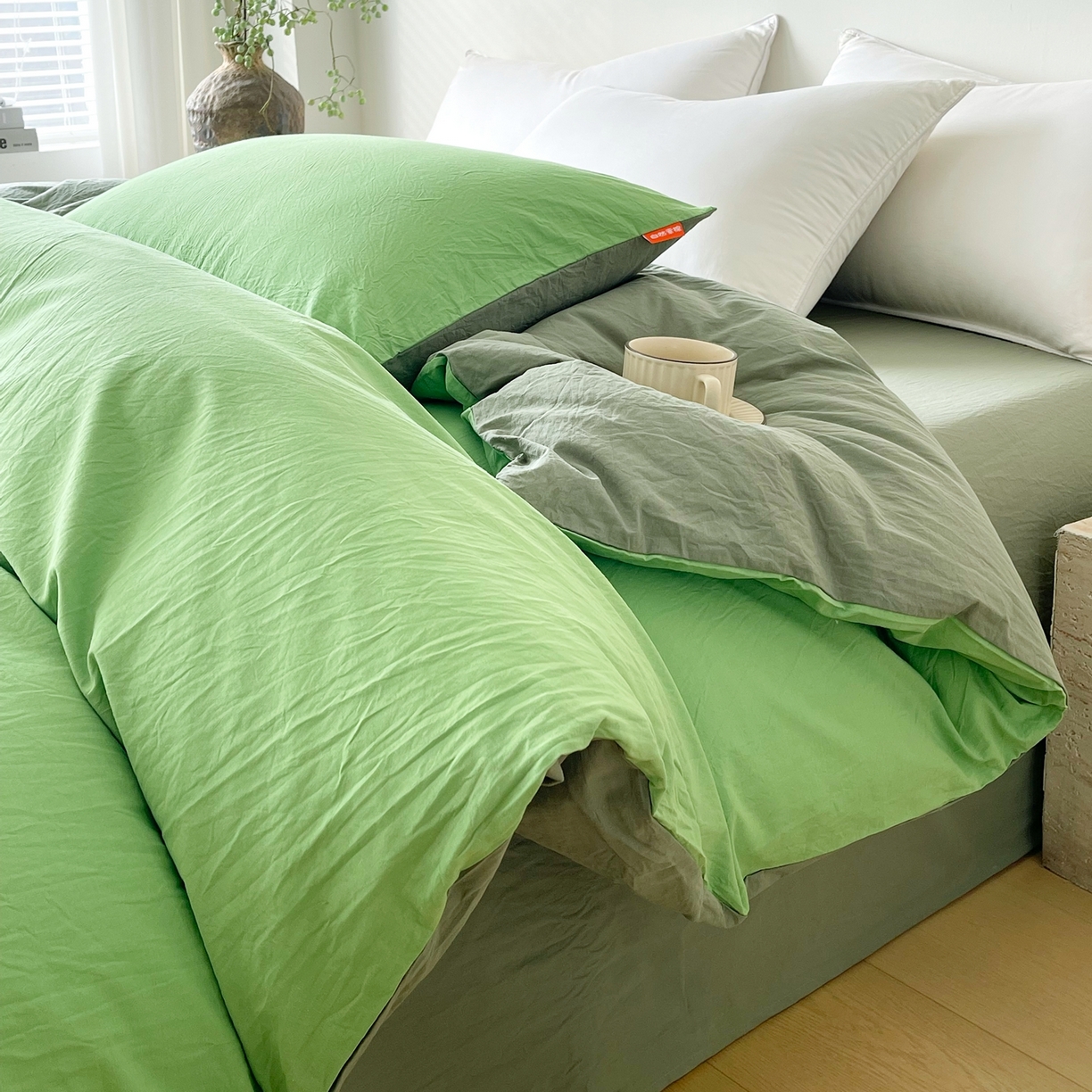 91家纺网 家纺一手货源 找家纺 春皖家纺 2026春夏新款双拼全棉水洗棉单被套被套单件单品被套 青草绿-墨绿
