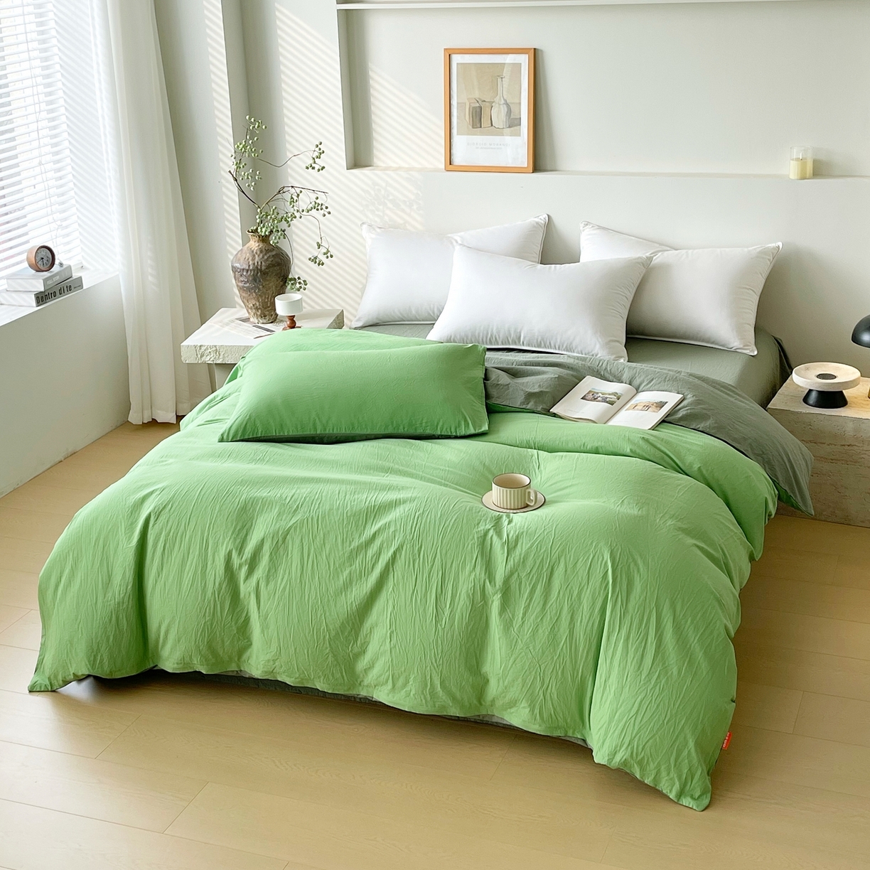 91家纺网 家纺一手货源 找家纺 春皖家纺 2026春夏新款双拼全棉水洗棉单被套被套单件单品被套 青草绿-墨绿