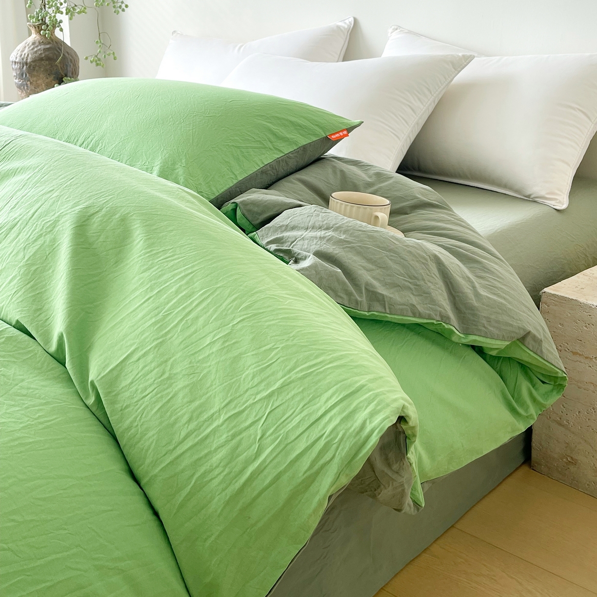 91家纺网 家纺一手货源 找家纺 春皖家纺 2026春夏新款双拼全棉水洗棉单被套被套单件单品被套 青草绿-墨绿