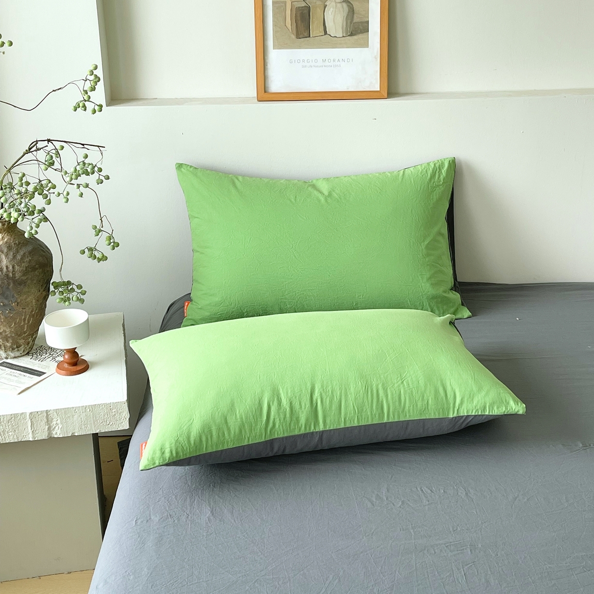 91家纺网 家纺一手货源 找家纺 春皖家纺 2026春夏新款双拼全棉水洗棉单枕套枕套单件单品枕套 青草绿-墨灰