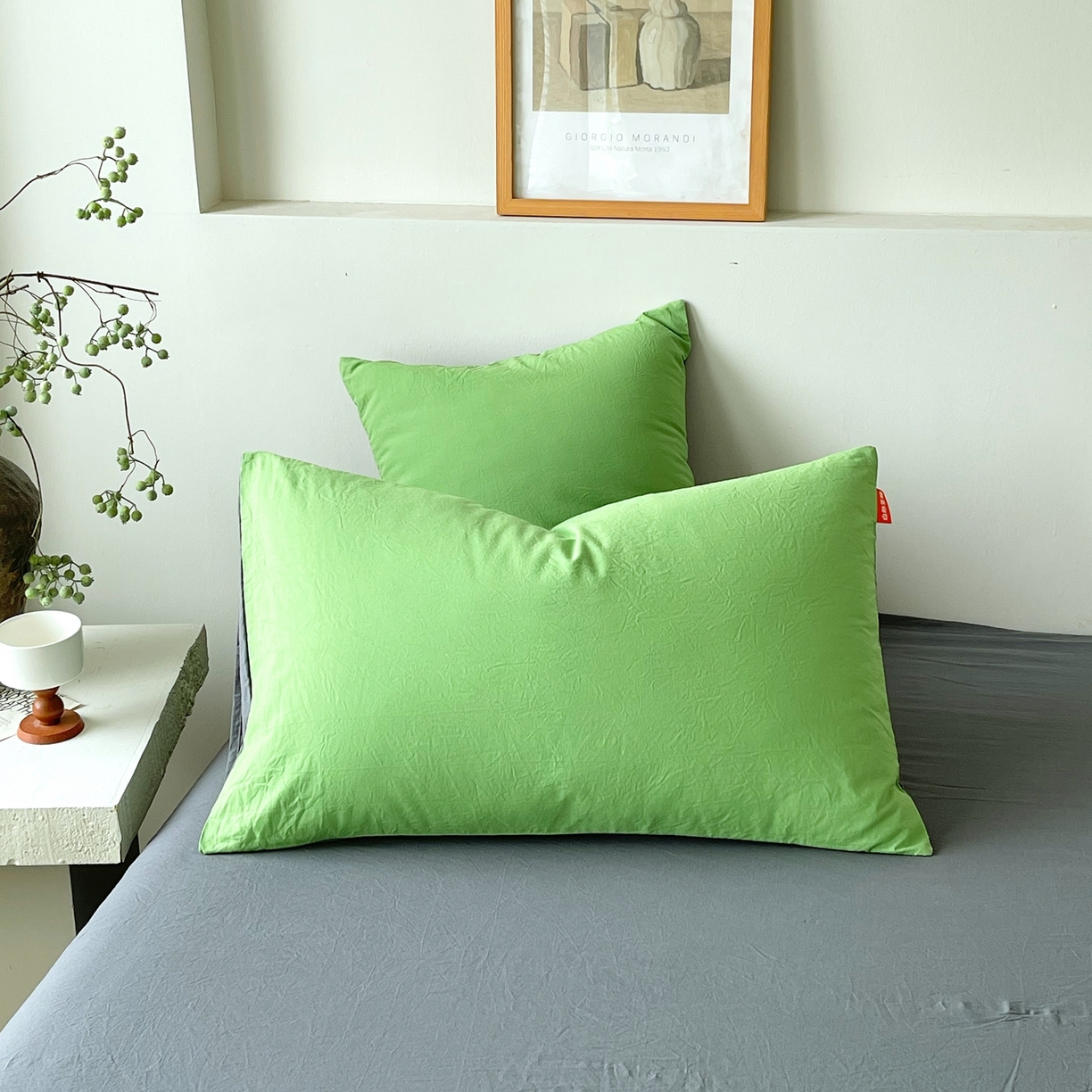 91家纺网 家纺一手货源 找家纺 春皖家纺 2026春夏新款双拼全棉水洗棉单枕套枕套单件单品枕套 青草绿-墨灰