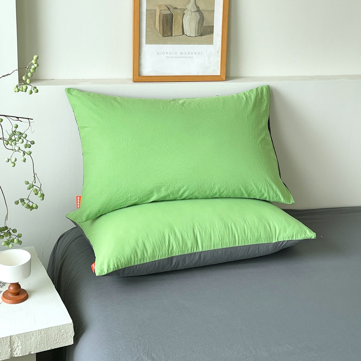 91家纺网 家纺一手货源 找家纺 春皖家纺 2026春夏新款双拼全棉水洗棉单枕套枕套单件单品枕套 青草绿-墨灰