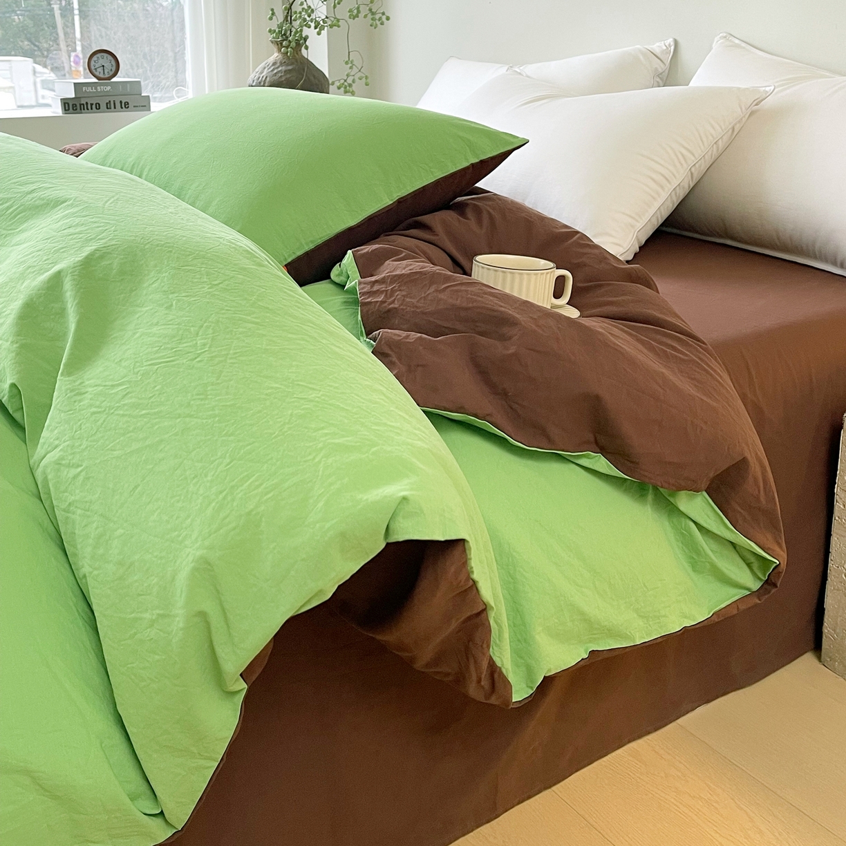 91家纺网 家纺一手货源 找家纺 春皖家纺 2026春夏新款双拼全棉水洗棉单被套被套单件单品被套 青草绿-慕斯棕